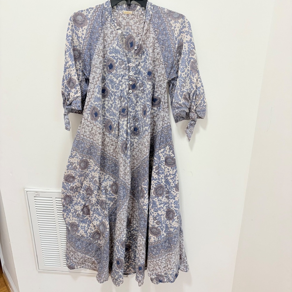 Matta Boho Floral Midi Dress Women Blue Size S Tie Sleeve Button Front Cotton
